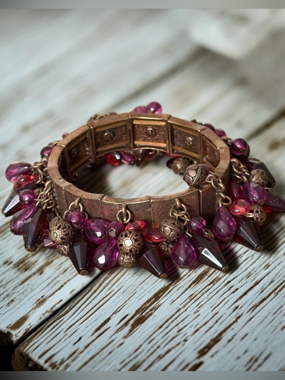 Vintage-Inspired Copper Purple Beaded Stretch Bracelet